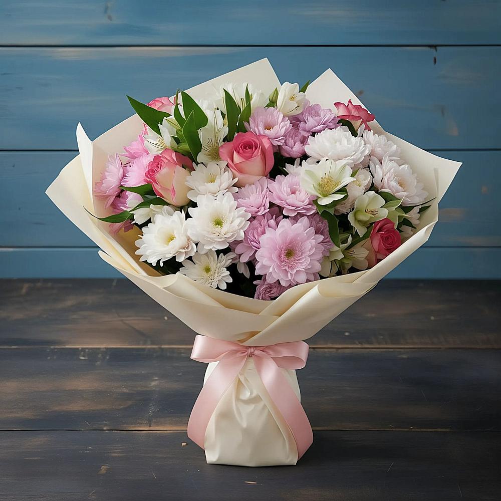 Букет цветов из: Хризантемы, Альстромерии и Розы в Ачхой-Мартане